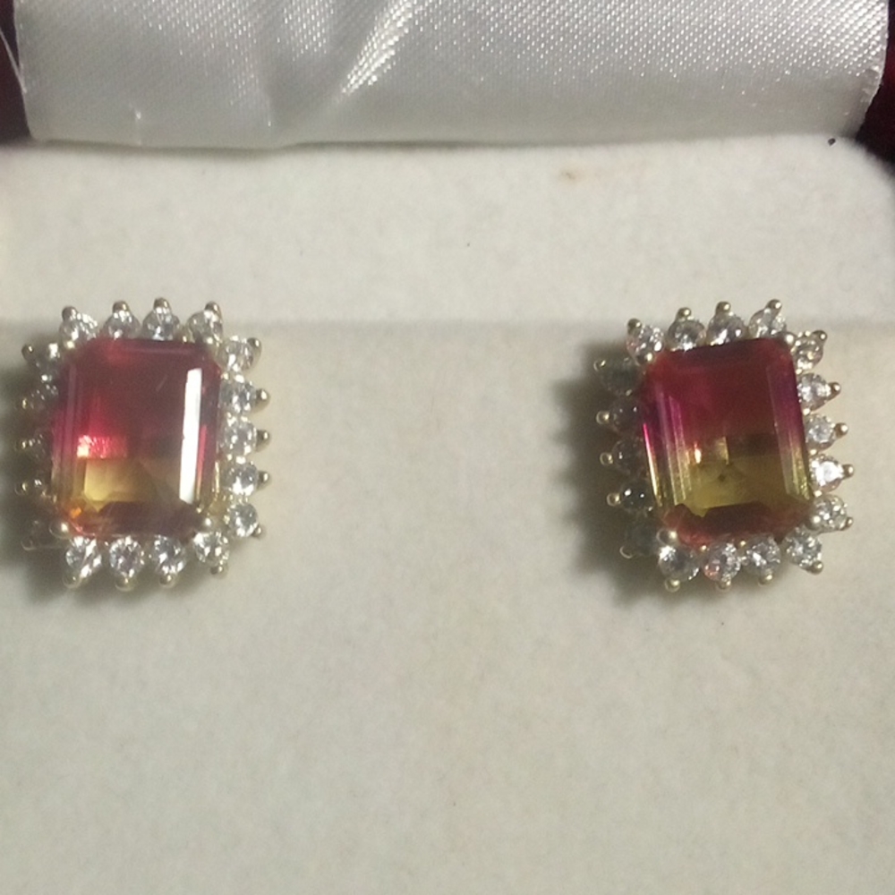 Bi tourmaline Pink yellow earrings 925 with Halo